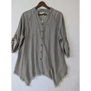 Western‎ Orchard Tencel Size M Gray Frayed Asymmetric Hem Button Up Tunic Shirt